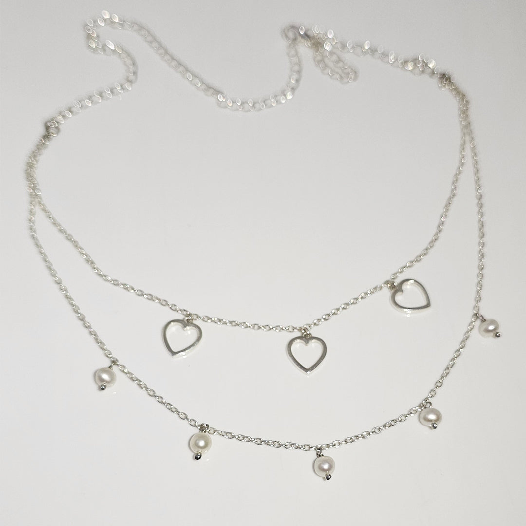 Layered Heart and Pearl Necklace in 925 Silver