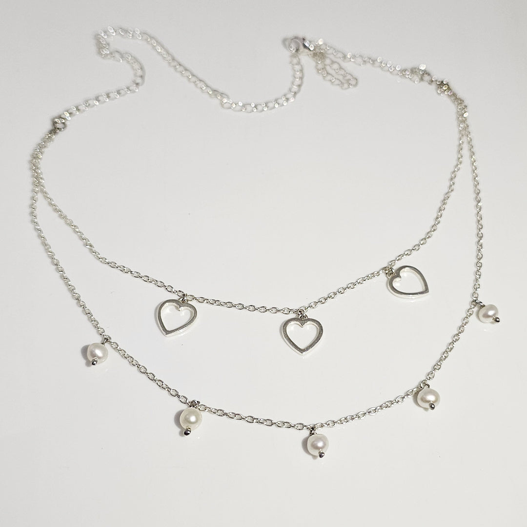 Layered Heart and Pearl Necklace in 925 Silver