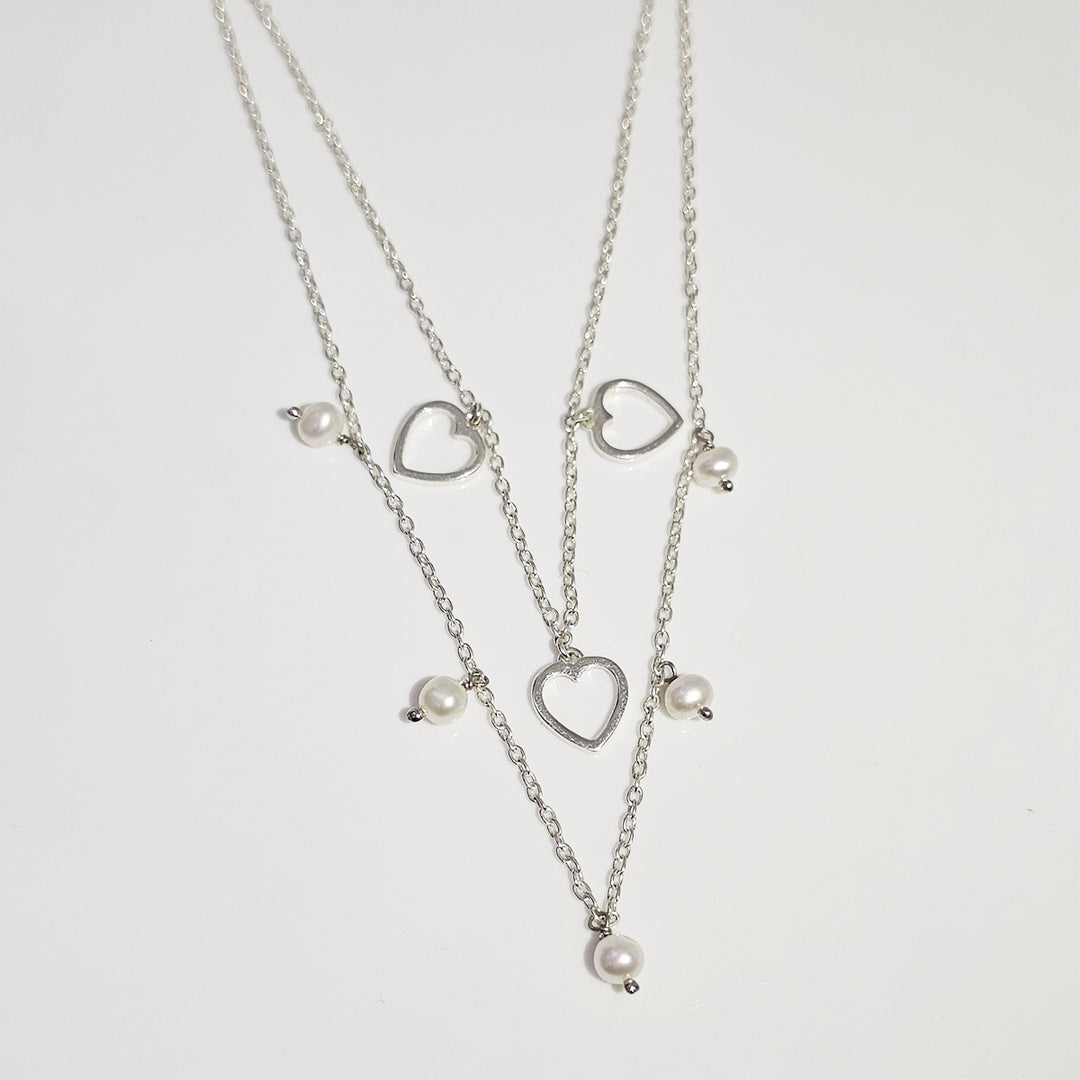 Layered Heart and Pearl Necklace in 925 Silver
