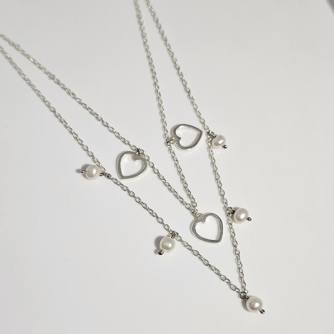 Layered Heart and Pearl Necklace in 925 Silver