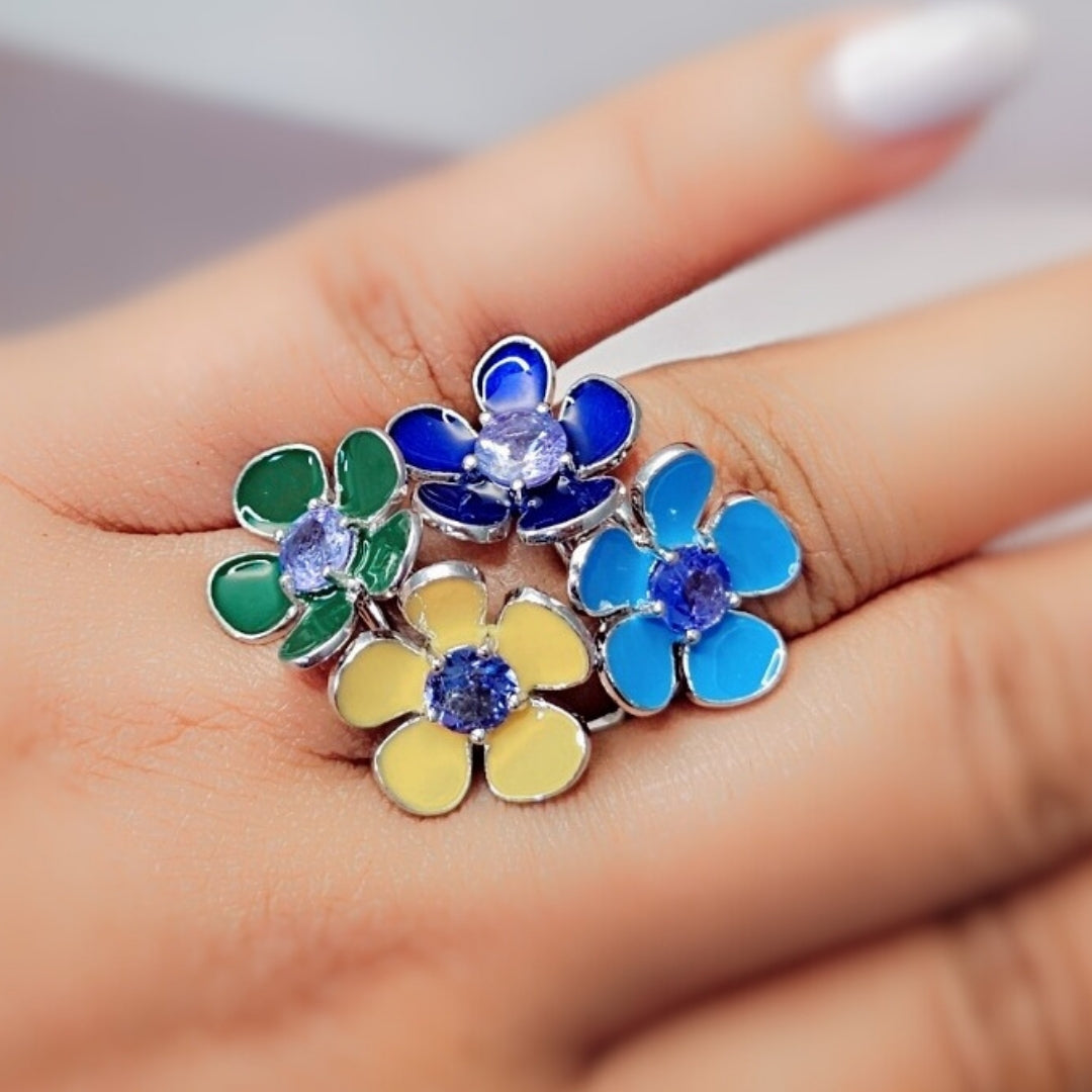 Silver Ratnapushpa Ring with Tanzanite and Enamel