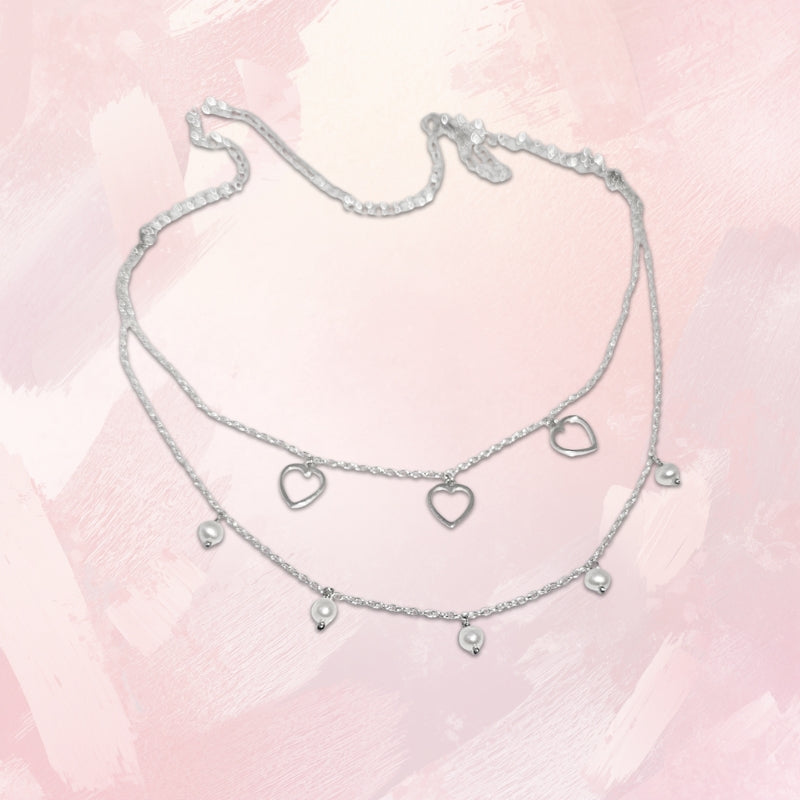 Layered Heart and Pearl Necklace in 925 Silver