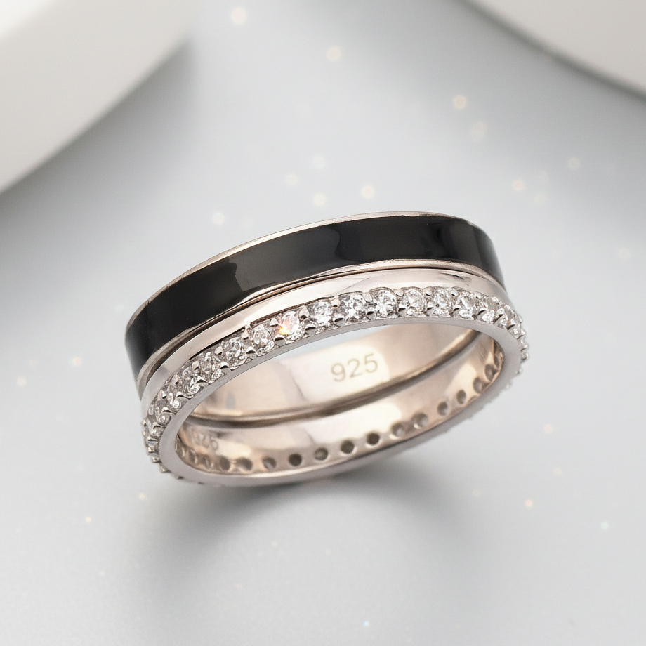 Black and bling couple band ring in 925 silver