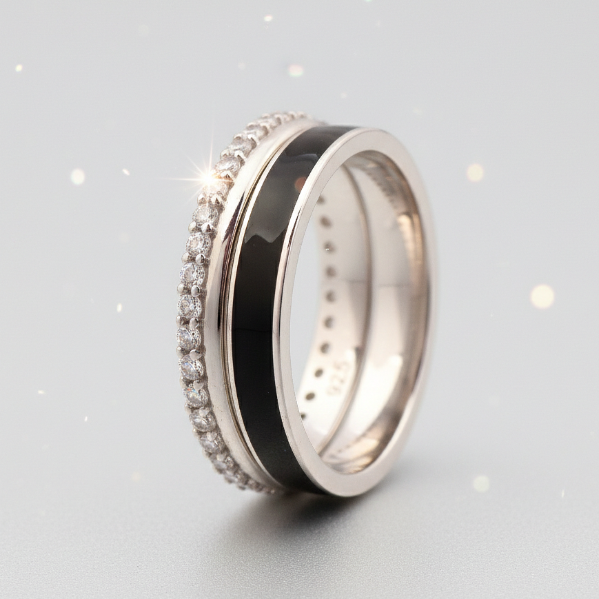 Black and Bling Couple Band Ring in 925 Silver