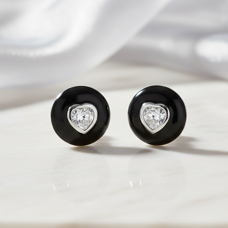 The Onyx Heart Studs in 925 Silver