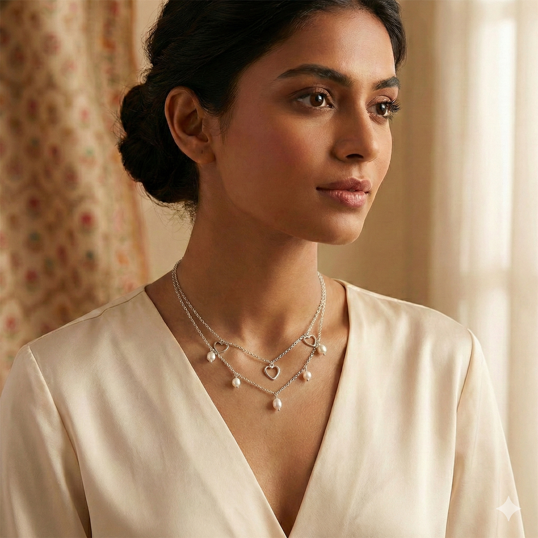 Layered Heart and Pearl Necklace in 925 Silver