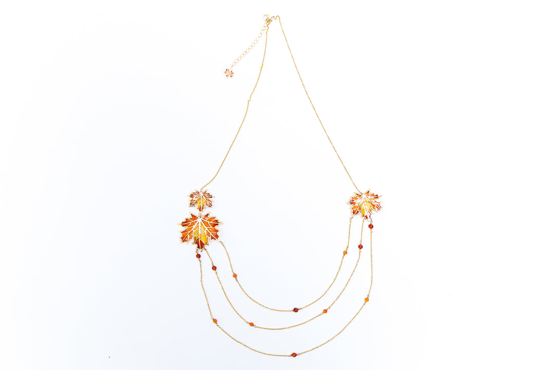 Layered Necklace with Maple Leaves and Carnelian Beads