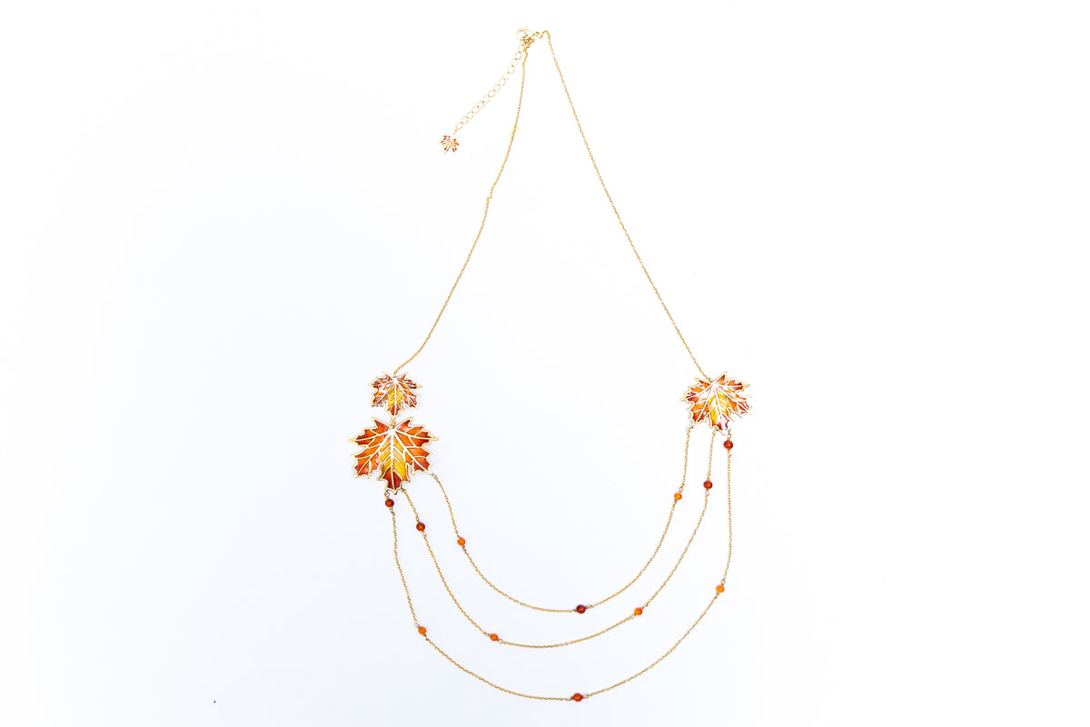 Layered necklace with maple leaves and carnelian beads